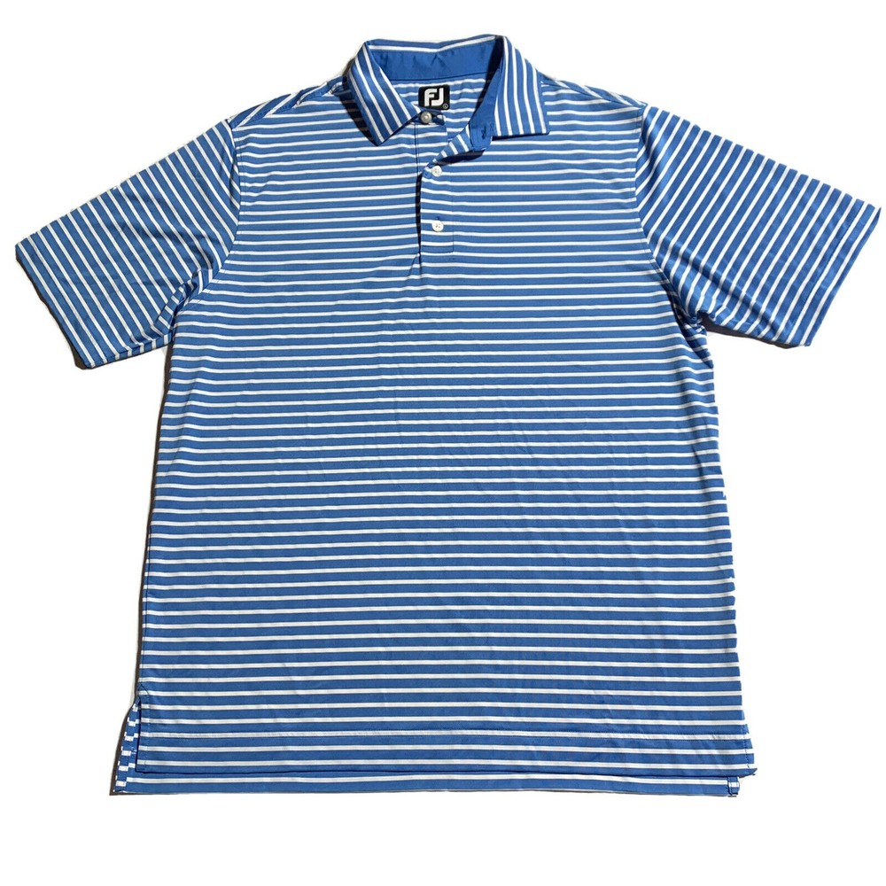 FootJoy Men’s Golf Polo Shirt Size L Large Blue & White Striped FJ Short Sleeve